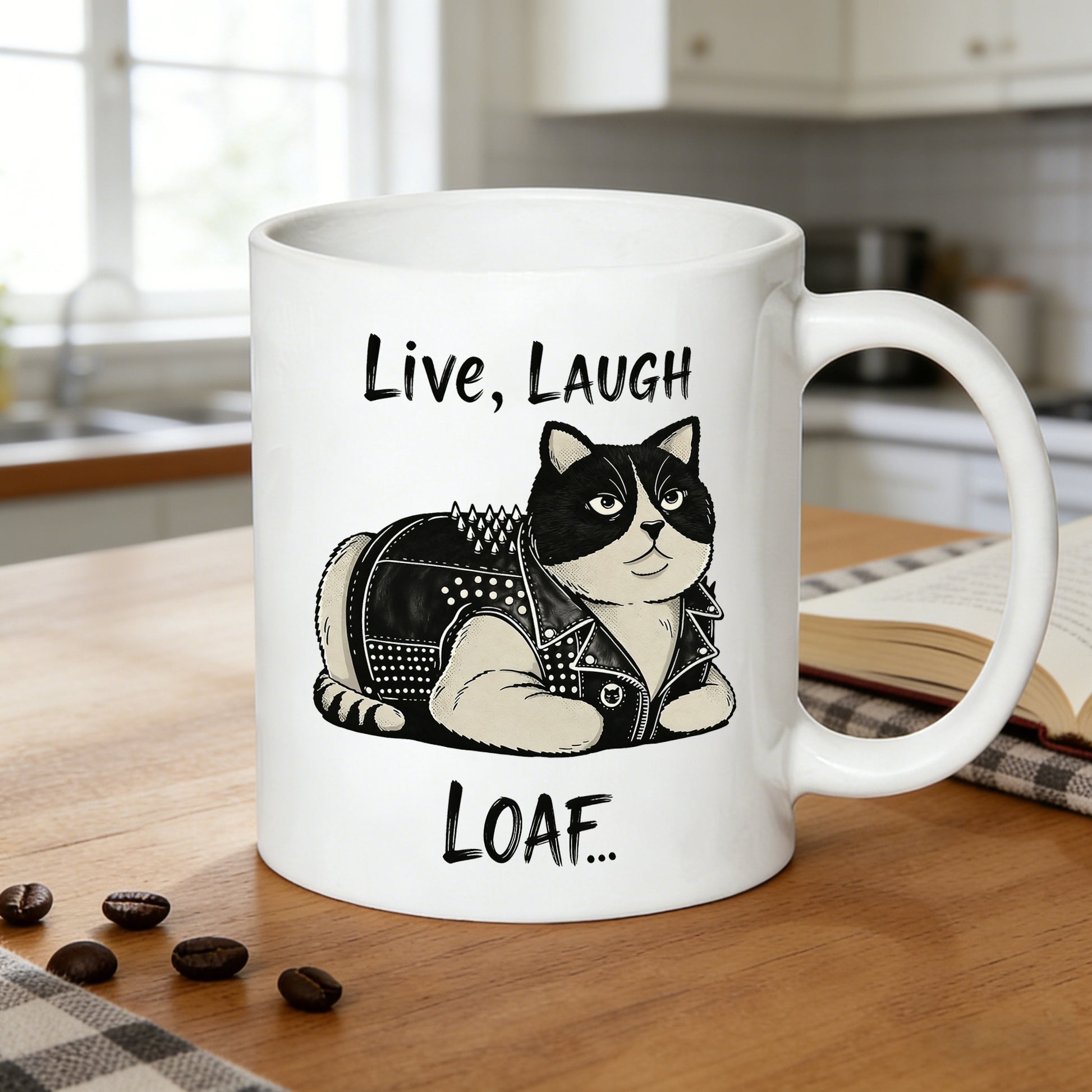 Tailorly White Ceramic 11 oz Mug - live laugh loaf text， punk rock tuxedo cat in studded vest