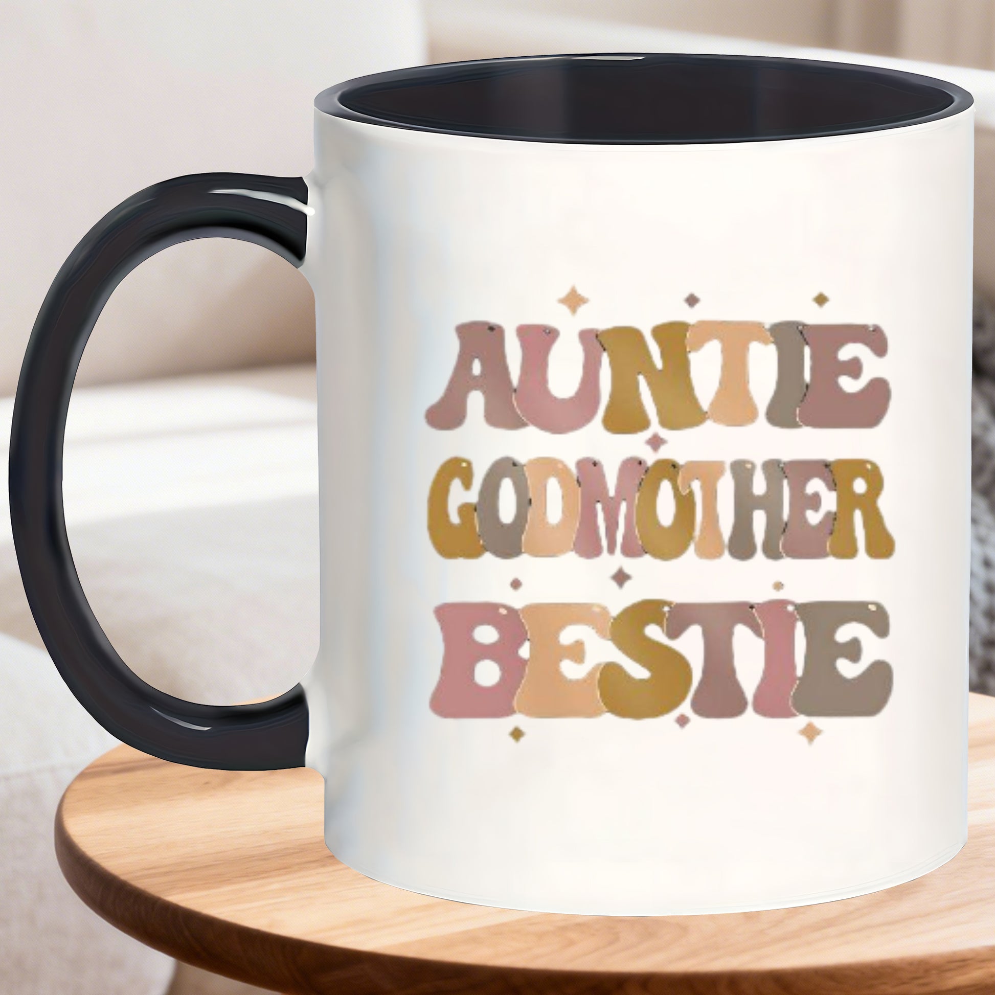 Tailorly Black Accent 11 oz Mug - auntie godmother bestie text