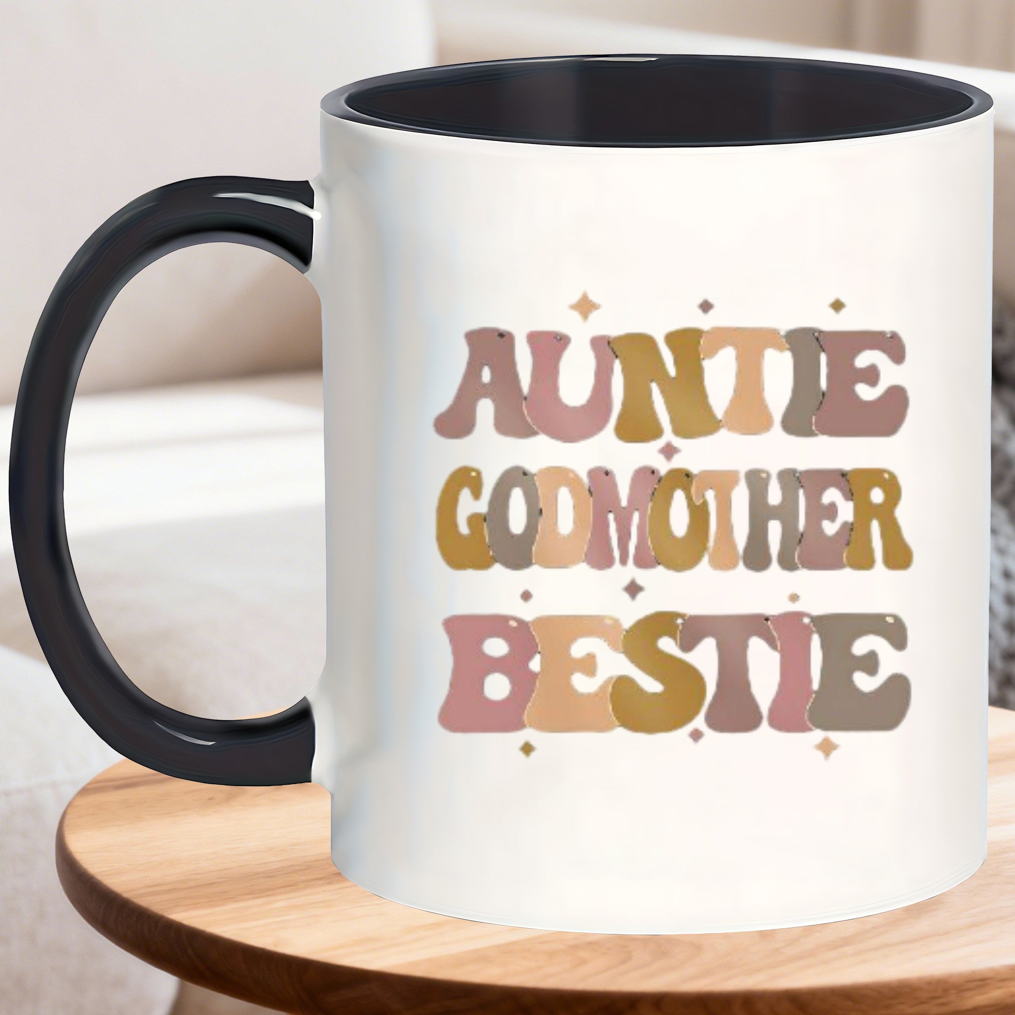 Tailorly Black Accent 11 oz Mug - auntie godmother bestie text