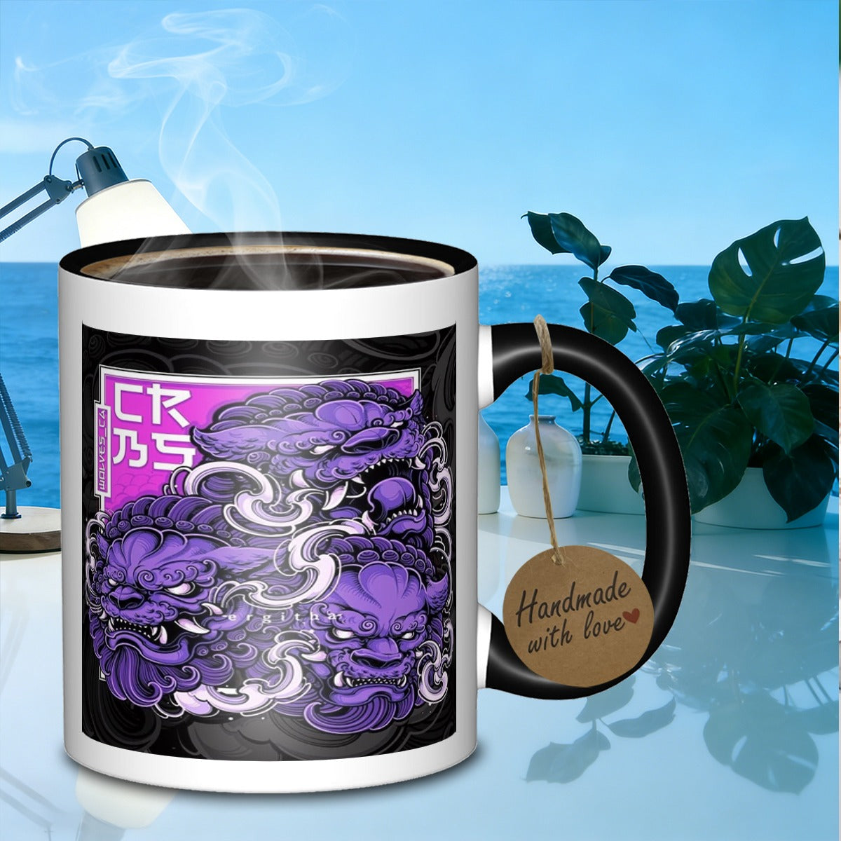 Tailorly Black Accent 11 oz Mug - three purple foo dogs