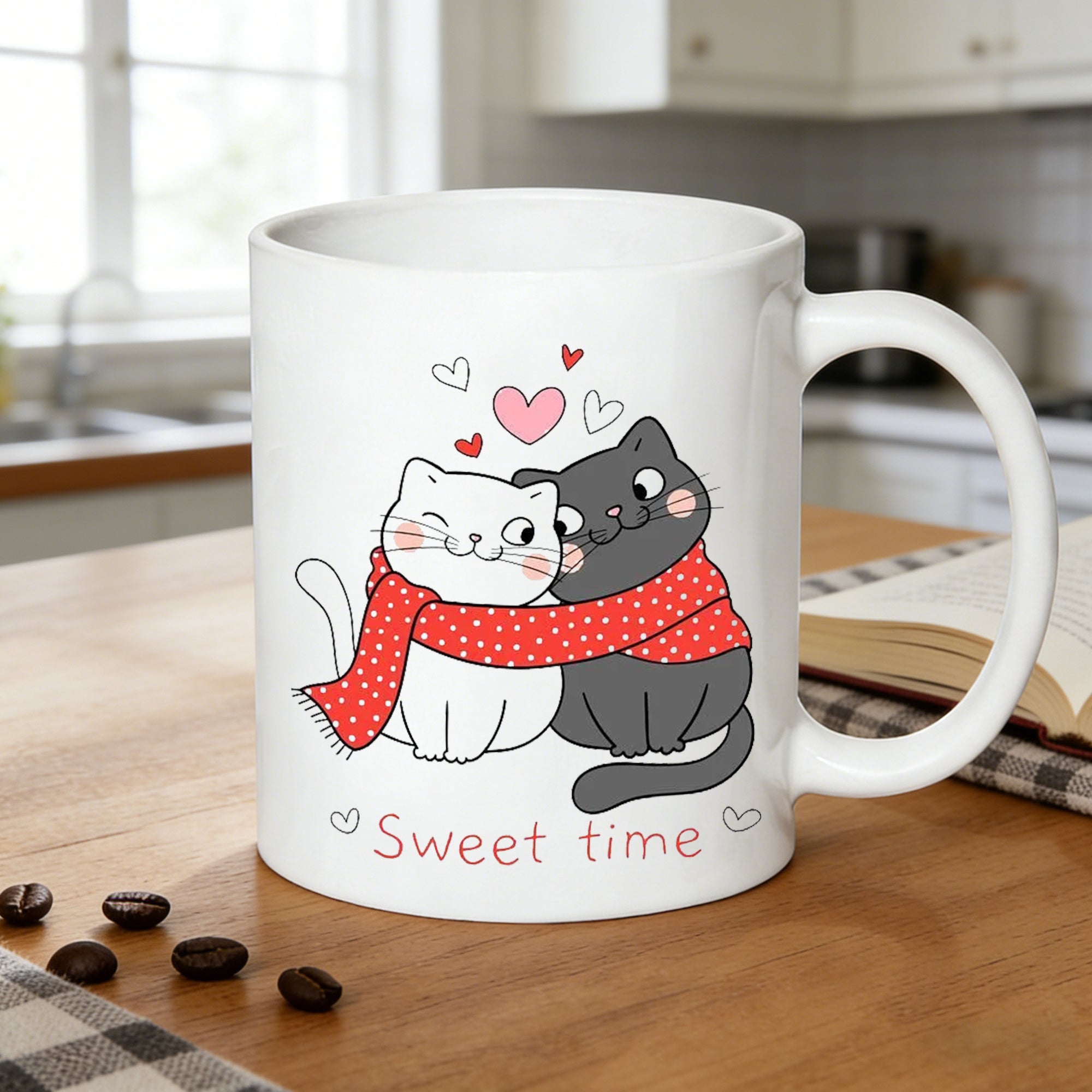 Tailorly White Ceramic 11 oz Mug - couple cats coffee mug adorable white and gray kittens wearing a scarf