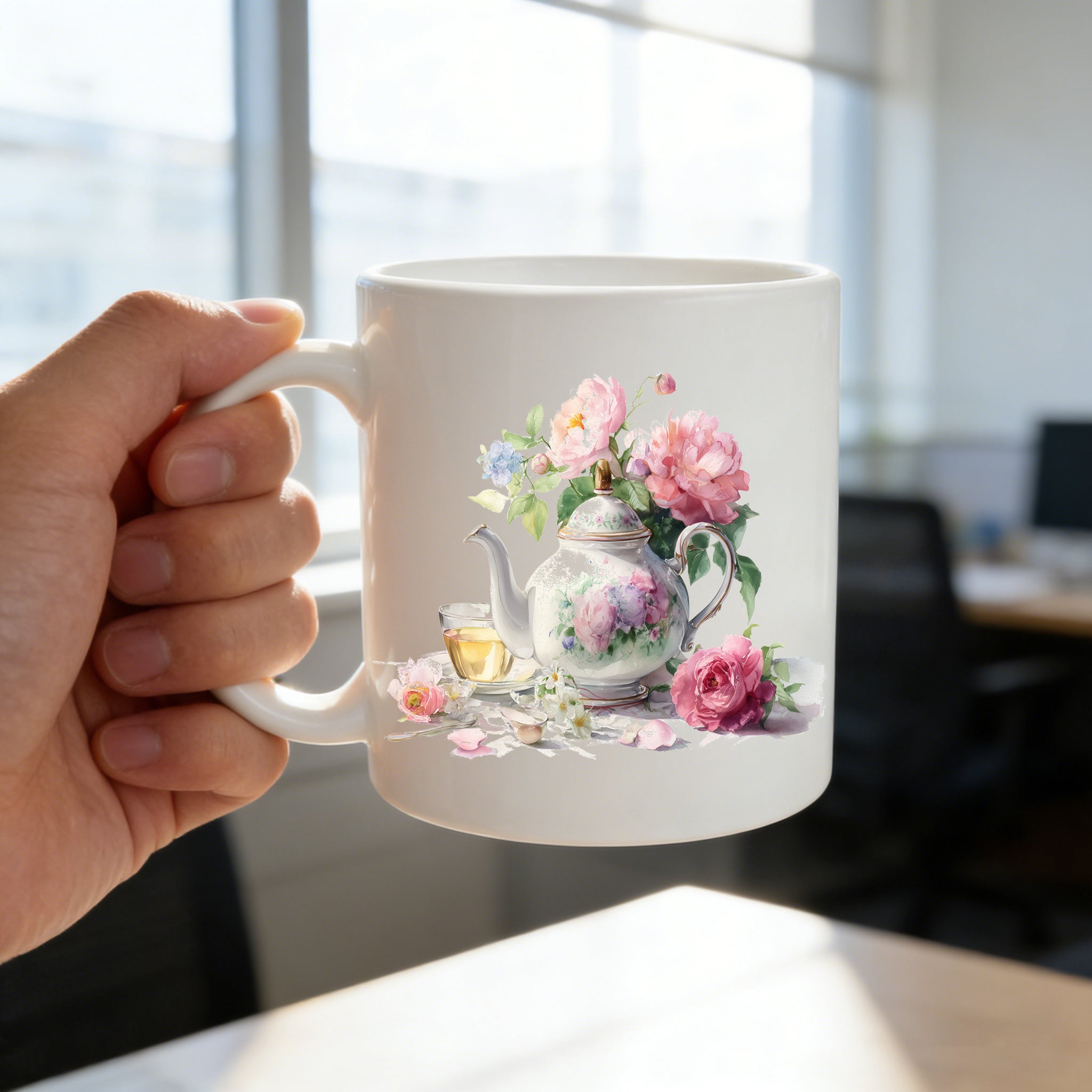 Tailorly White Ceramic 11 oz Mug - watercolor floral teapot featuring peonies