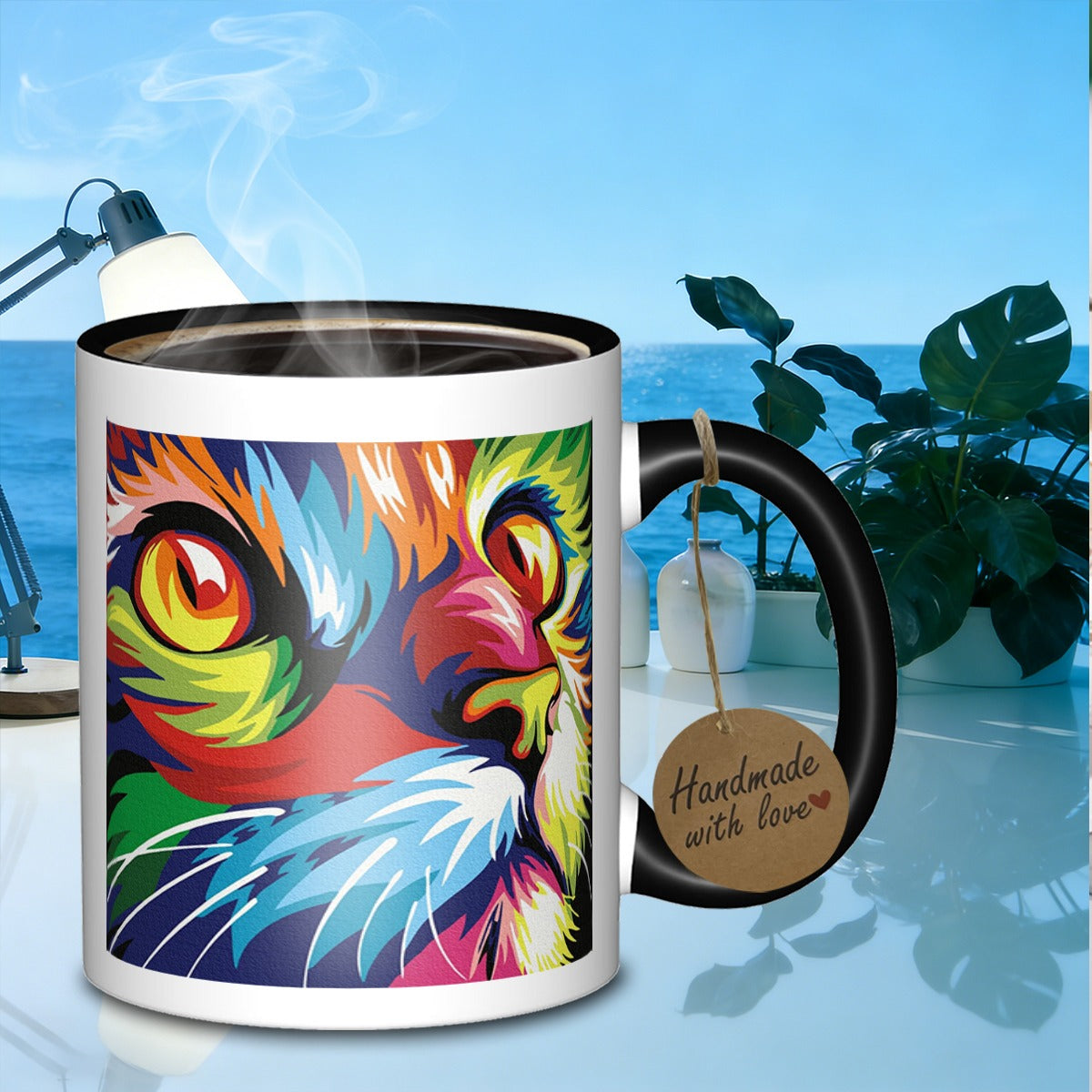Tailorly Black Accent 11 oz Mug - colorful feline close up