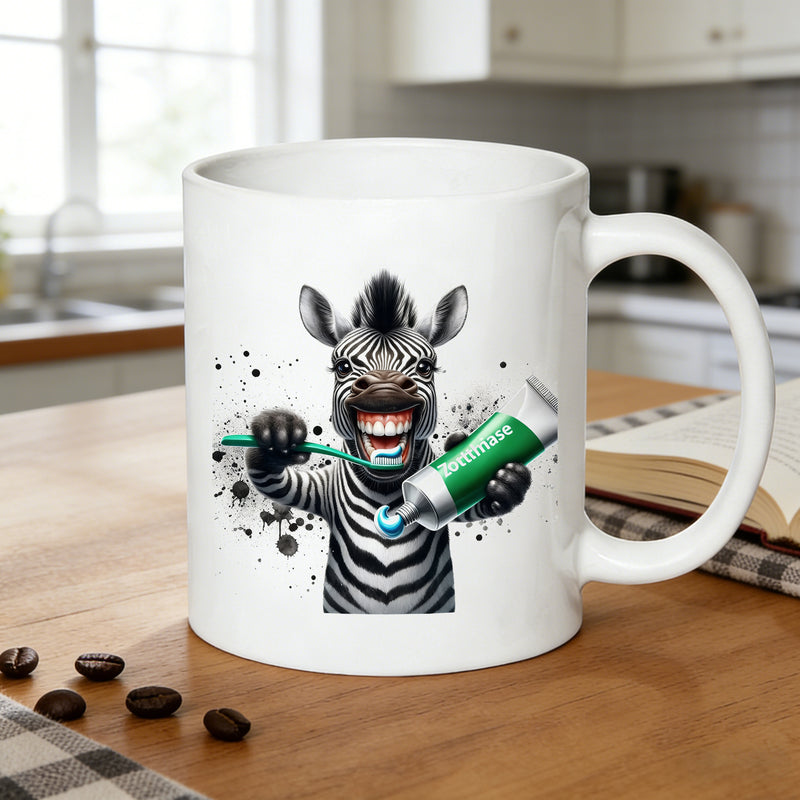 Tailorly White Ceramic 11 oz Mug - funny brushing zebra with toothbrush and toothpaste