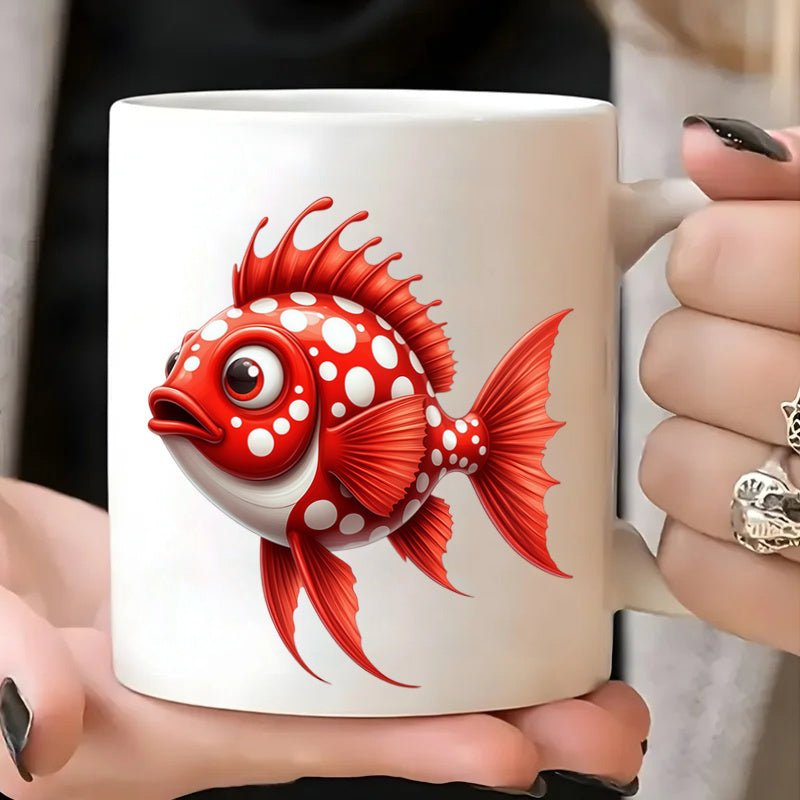 Tailorly White Ceramic 11 oz Mug - cute whimsical cartoon red fish with white polka dots