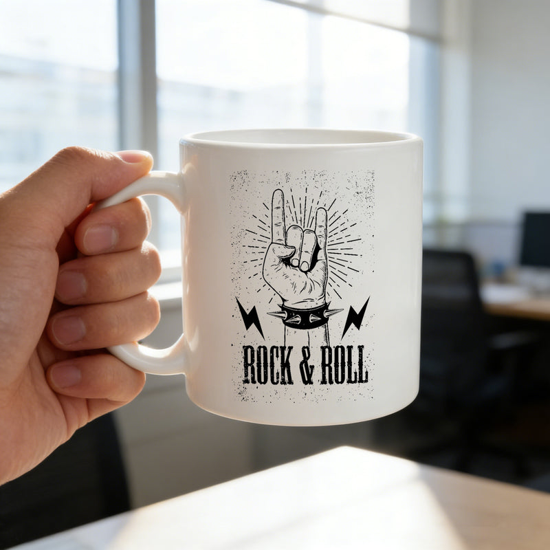 Tailorly White Ceramic 11 oz Mug - rock hand with devil horns and spiked wristband