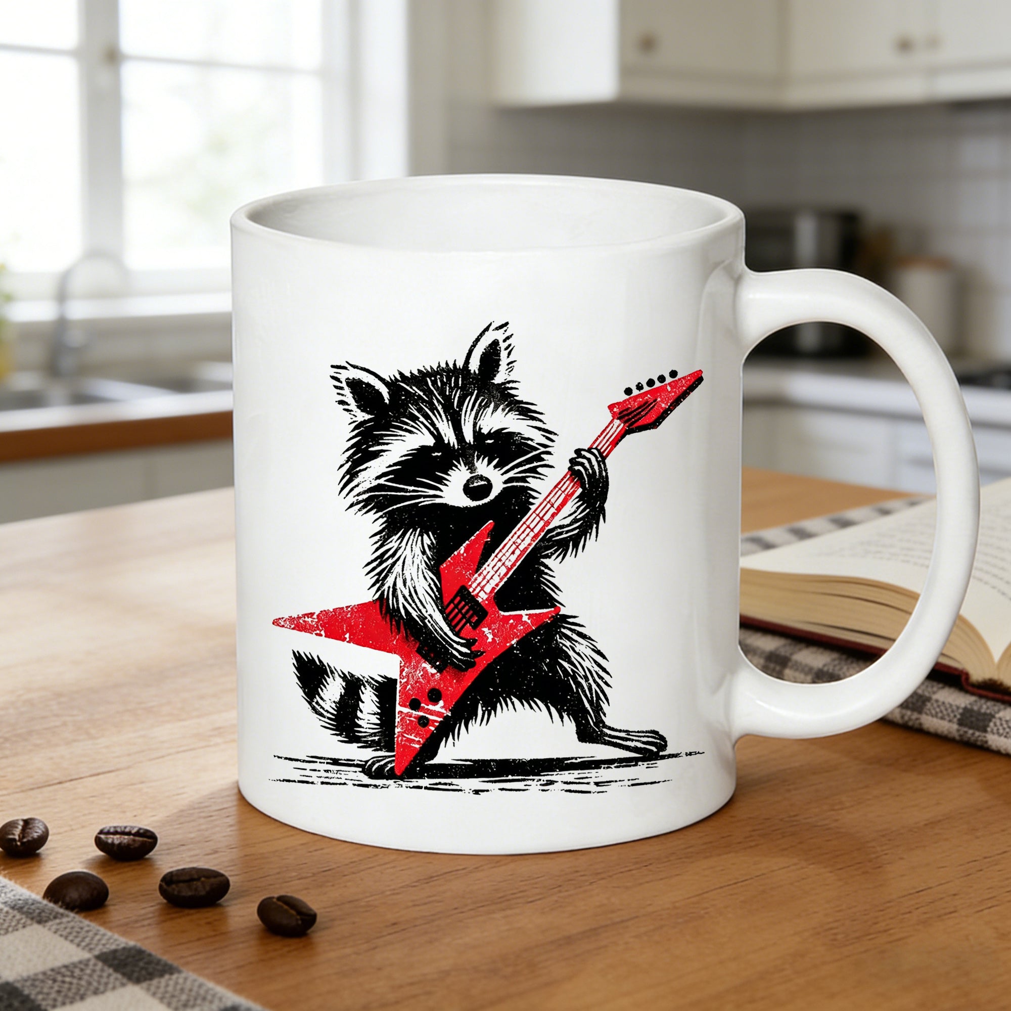Tailorly White Ceramic 11 oz Mug - raccoon rockstar with guitar