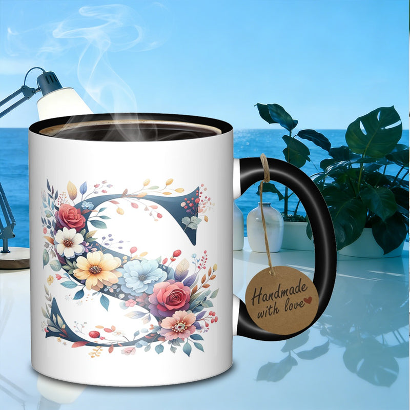 Tailorly Black Accent 11 oz Mug - floral letter s