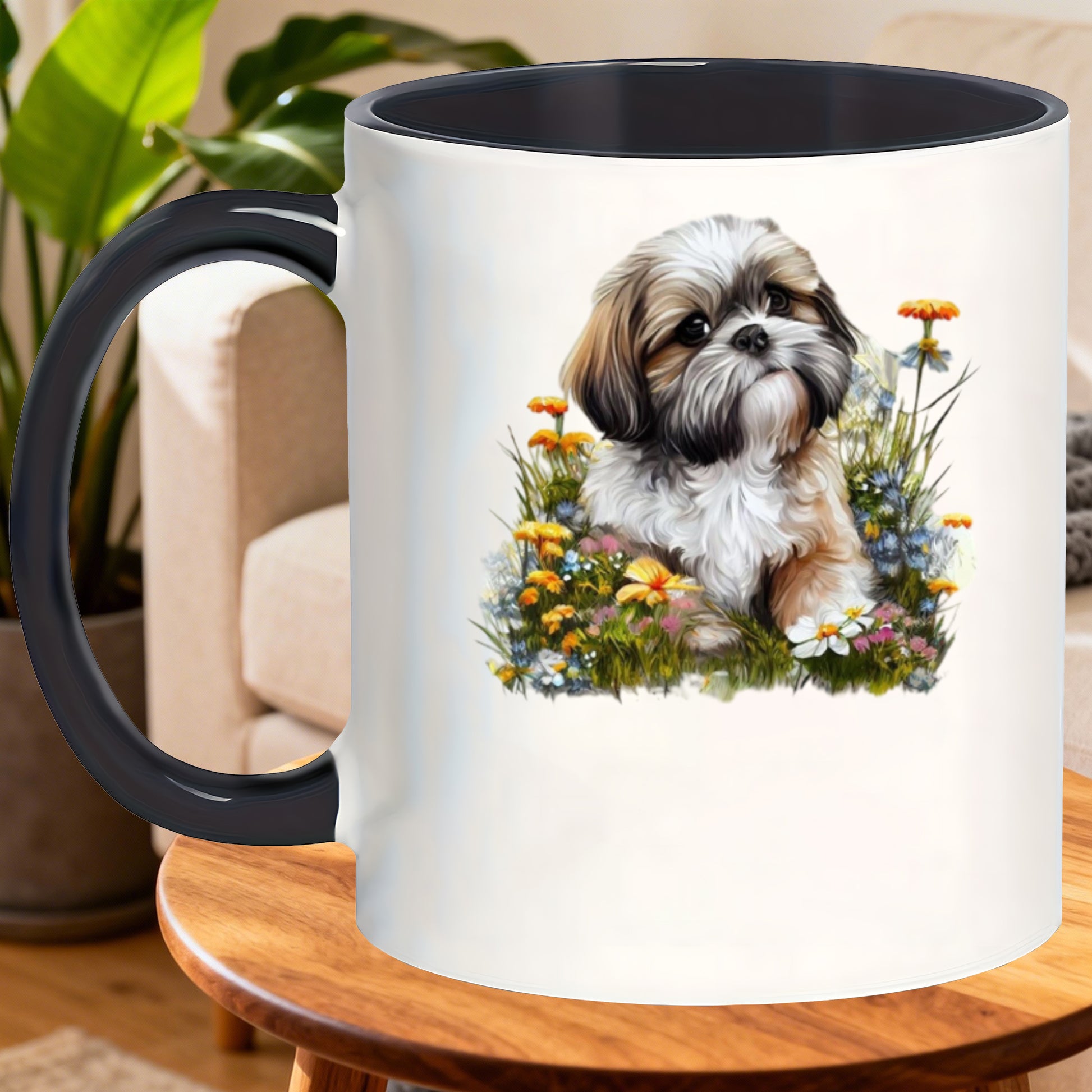 Tailorly Black Accent 11 oz Mug - cute shih tzu with wildflowers