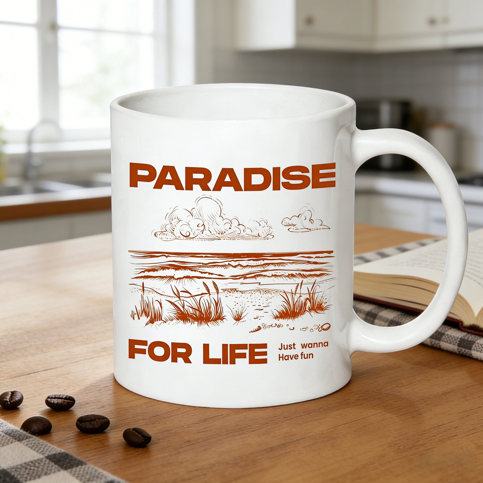 Tailorly White Ceramic 11 oz Mug - vintage paradise for life beach coastal print