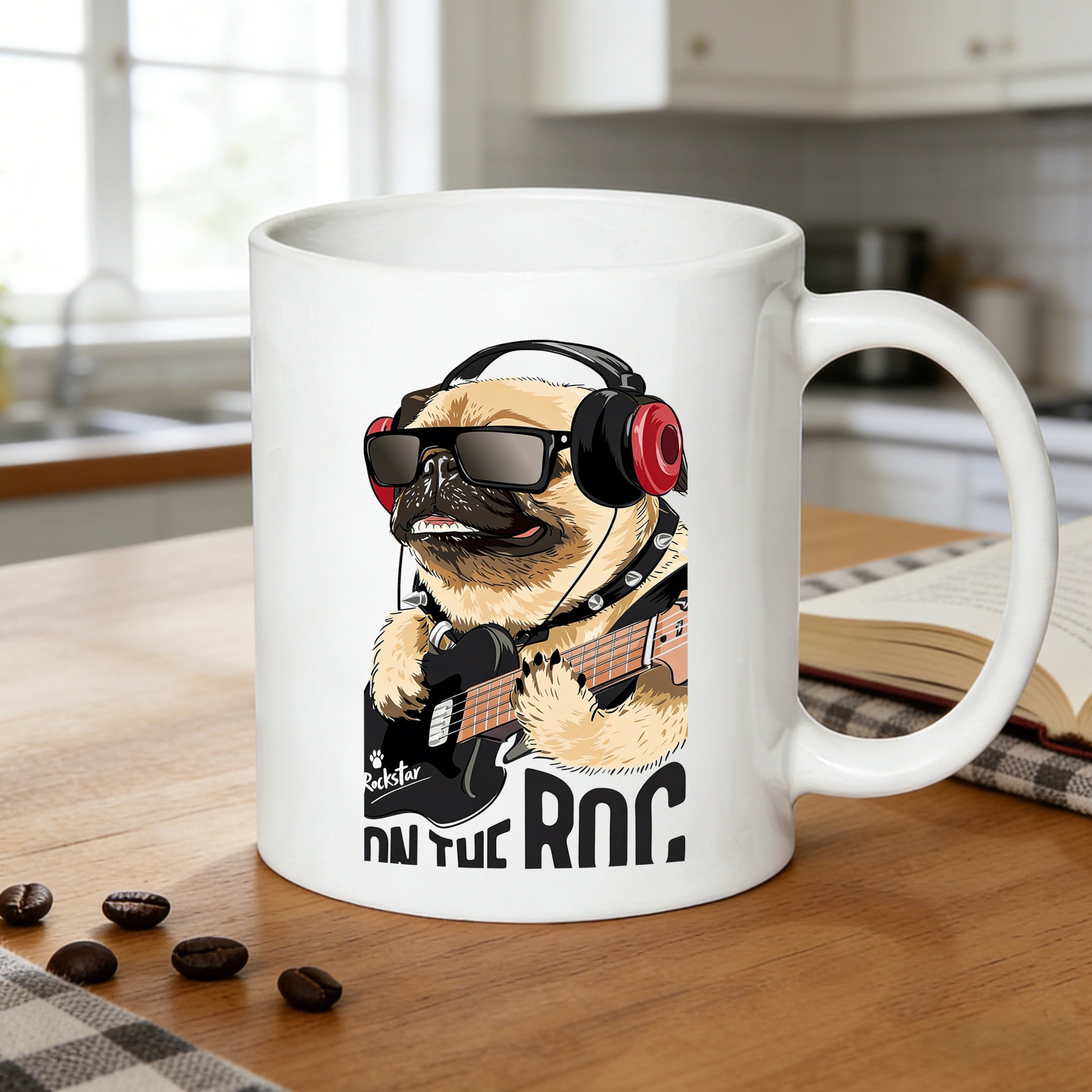 Tailorly White Ceramic 11 oz Mug - rockstar pug with headphones and guitar