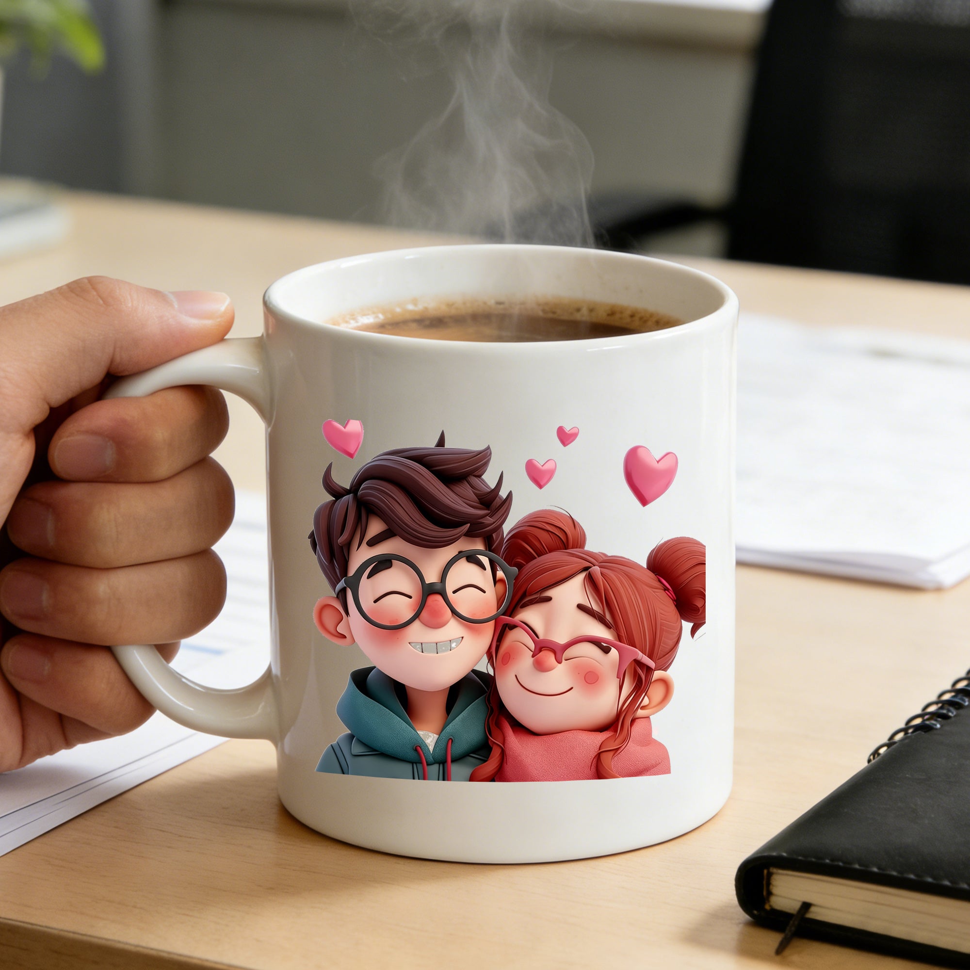 Tailorly White Ceramic 11 oz Mug - hugging couple with hearts