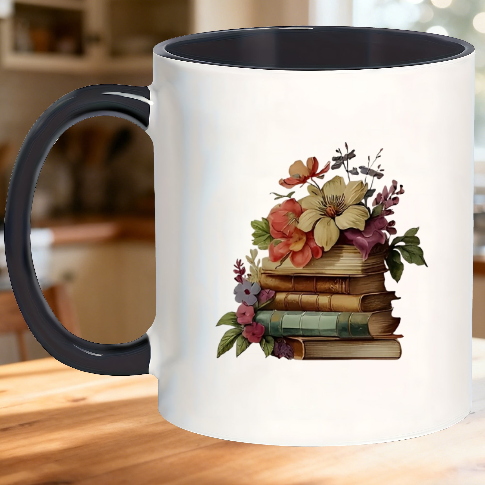 Tailorly Black Accent 11 oz Mug - stacked books and floral designs