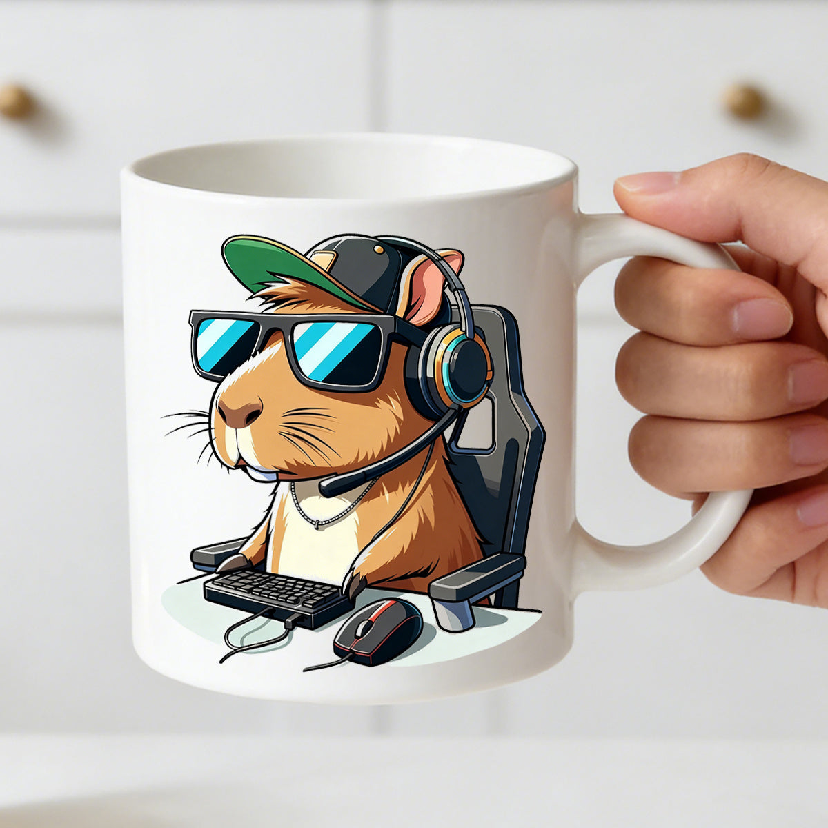Tailorly White Ceramic 11 oz Mug - gaming capybara wearing a headset and glasses