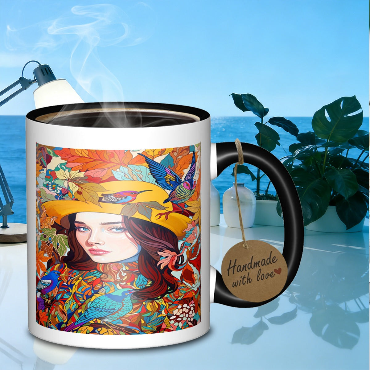 Tailorly Black Accent 11 oz Mug - a fall themed woman accompanied by birds