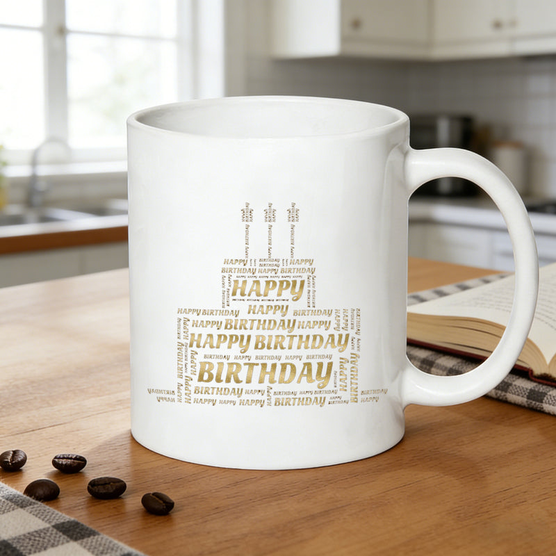 Tailorly White Ceramic 11 oz Mug - golden happy birthday cake word art birthday cake print festive birthday gift