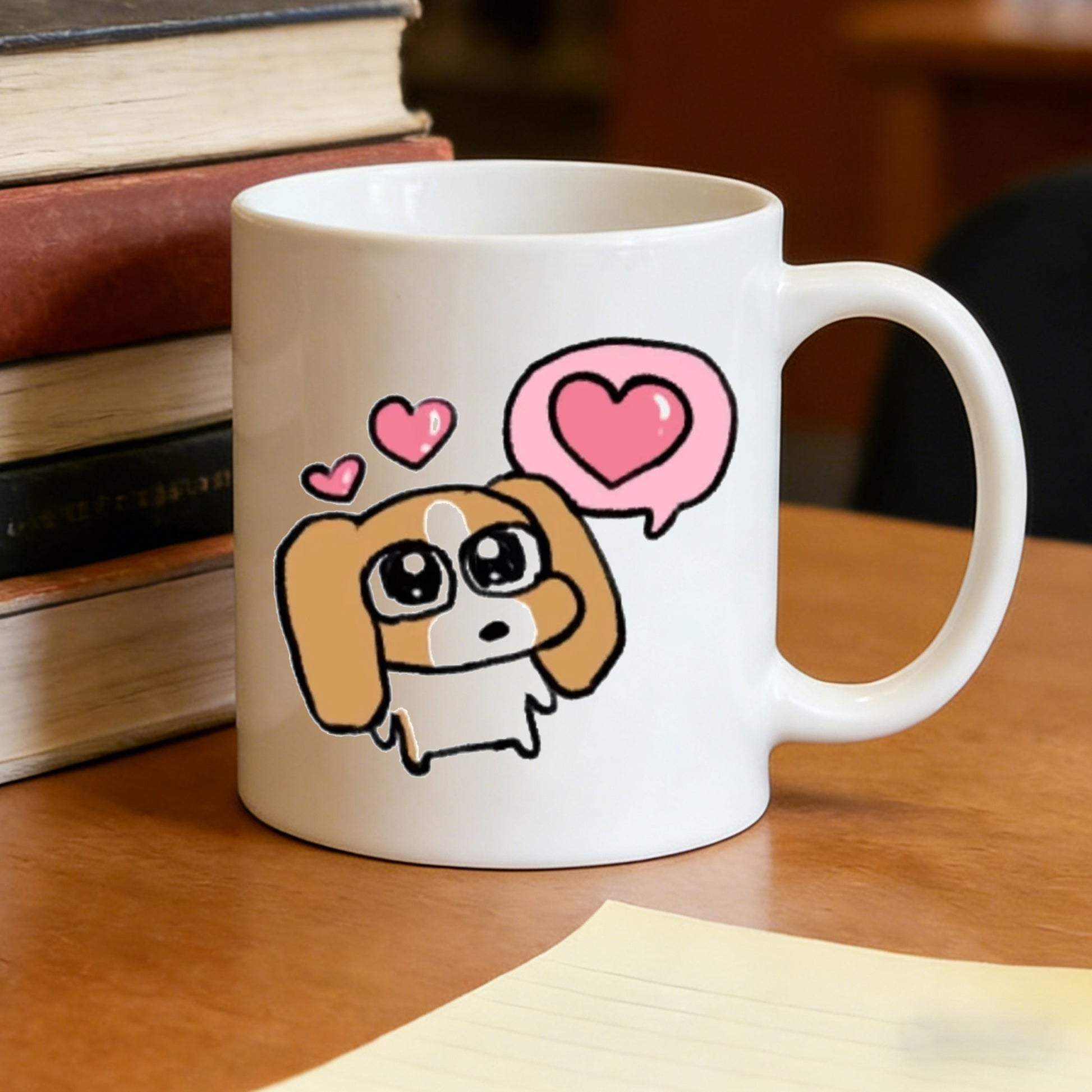 Tailorly White Ceramic 11 oz Mug - adorable beagle puppy with heart designs kawaii cartoon dog meme