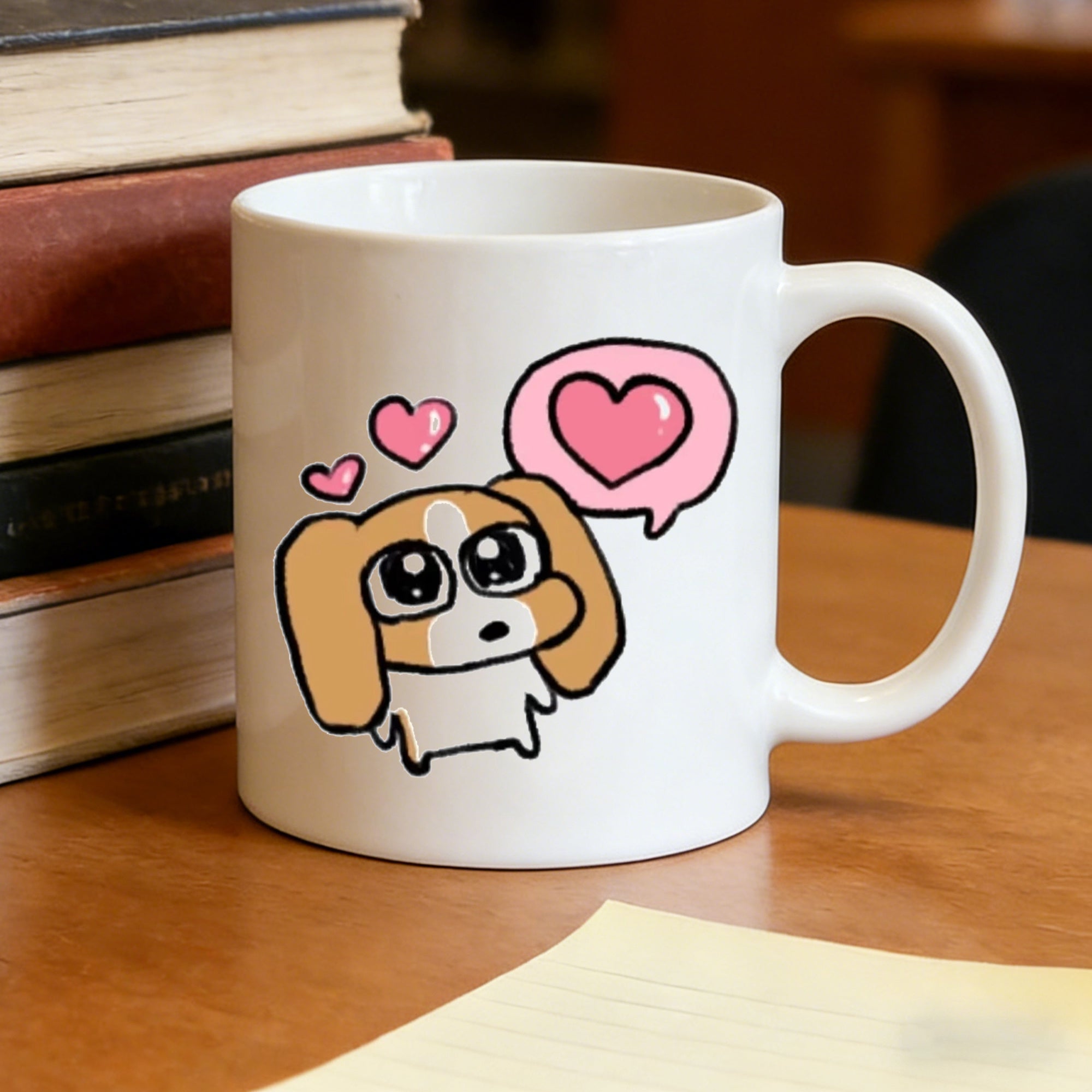 Tailorly White Ceramic 11 oz Mug - adorable beagle puppy with heart designs kawaii cartoon dog meme