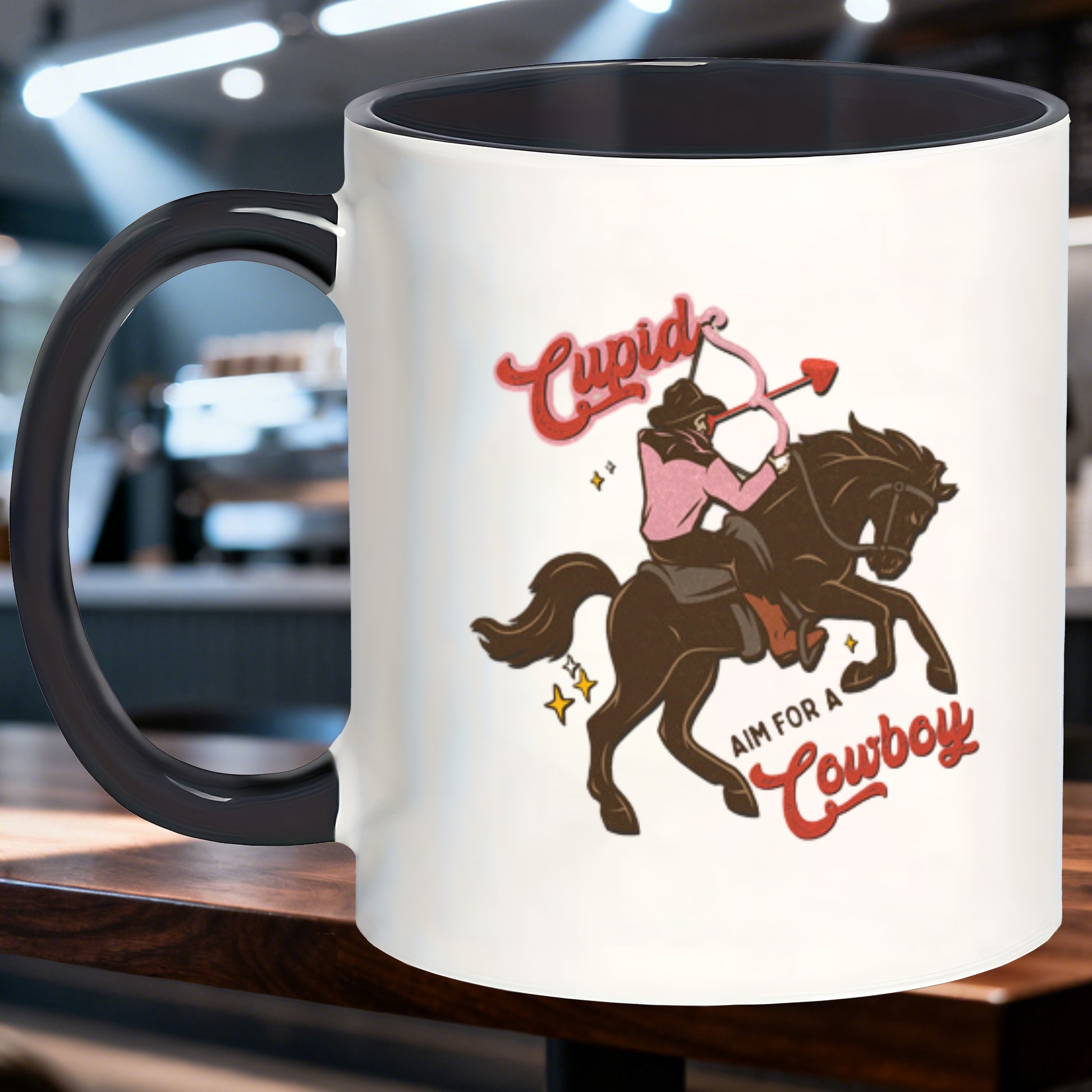 Tailorly Black Accent 11 oz Mug - cupid aiming bow and arrow
