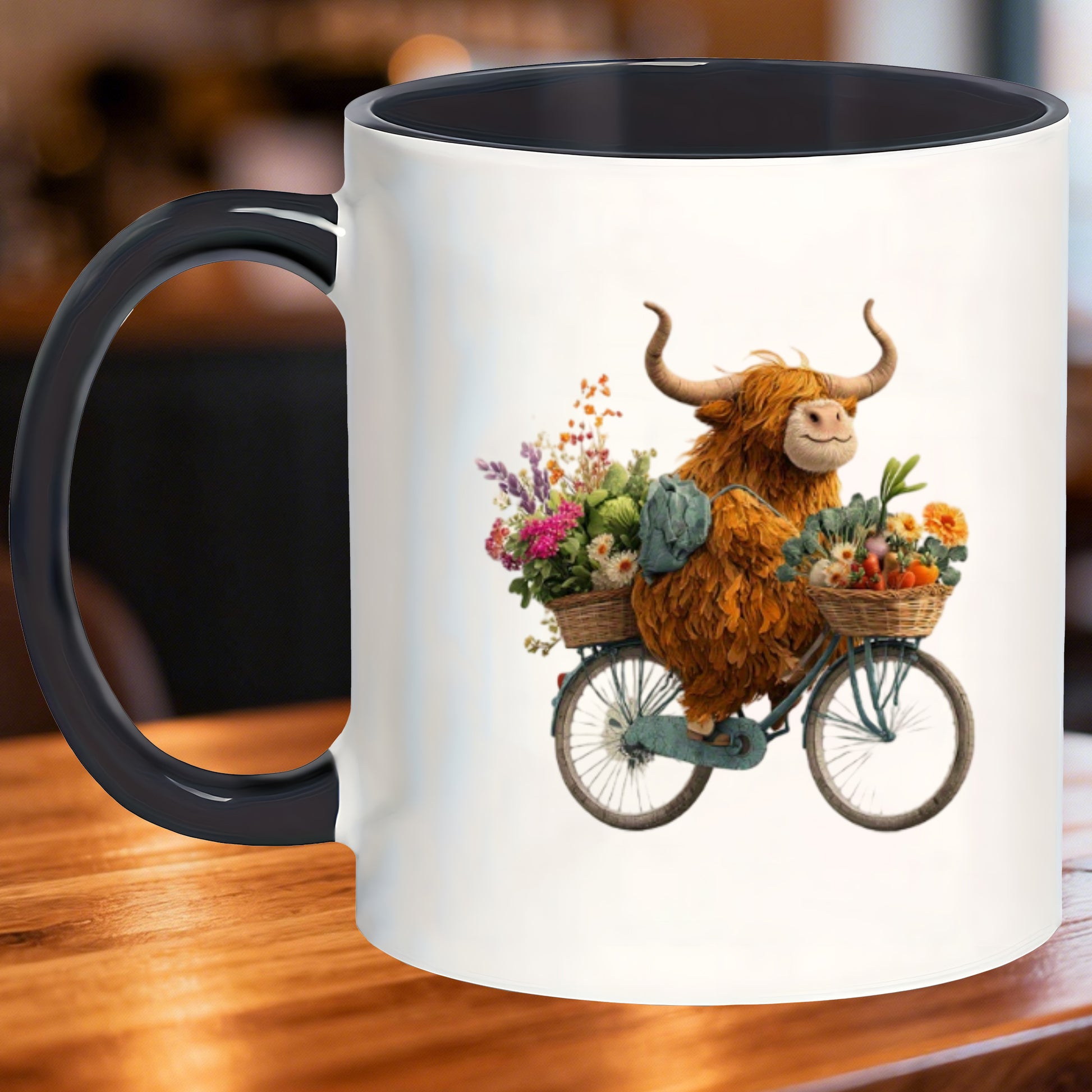 Tailorly Black Accent 11 oz Mug - highland cow illustration