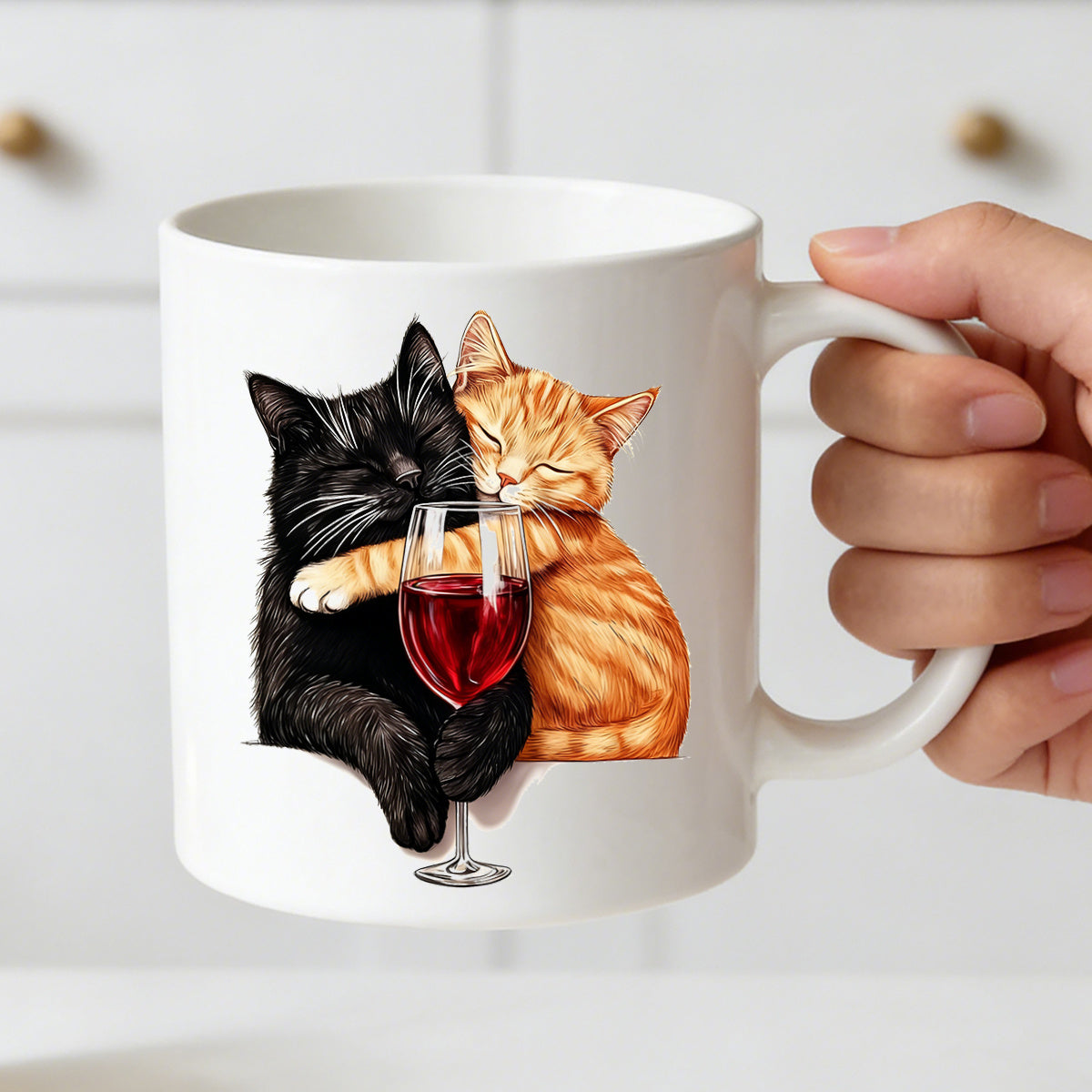 Tailorly White Ceramic 11 oz Mug - cute cat hugging design