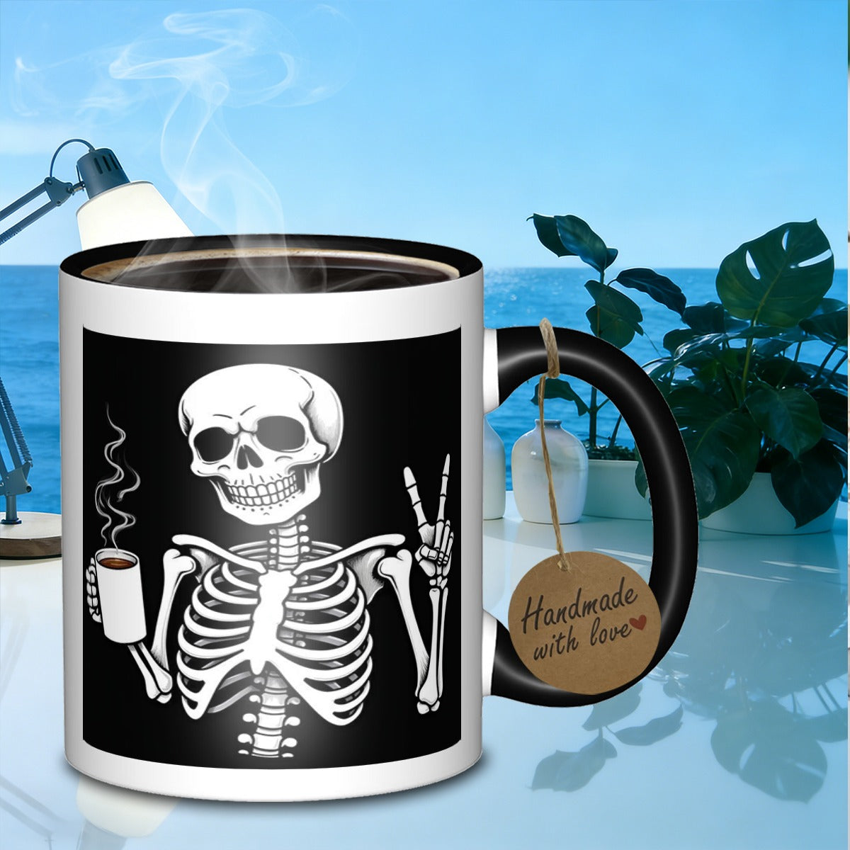 Tailorly Black Accent 11 oz Mug - skeleton with coffee mug