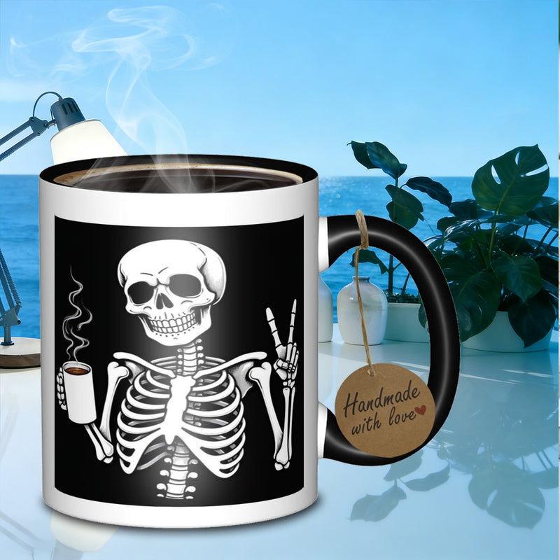 Tailorly Black Accent 11 oz Mug - skeleton with coffee mug