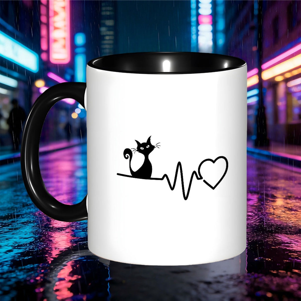Tailorly Black Accent 11 oz Mug - black cat and heart