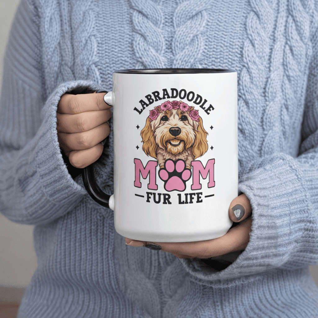 Tailorly Black Accent 11 oz Mug - Labradoodle Mom Fur Life Dog Lover Text