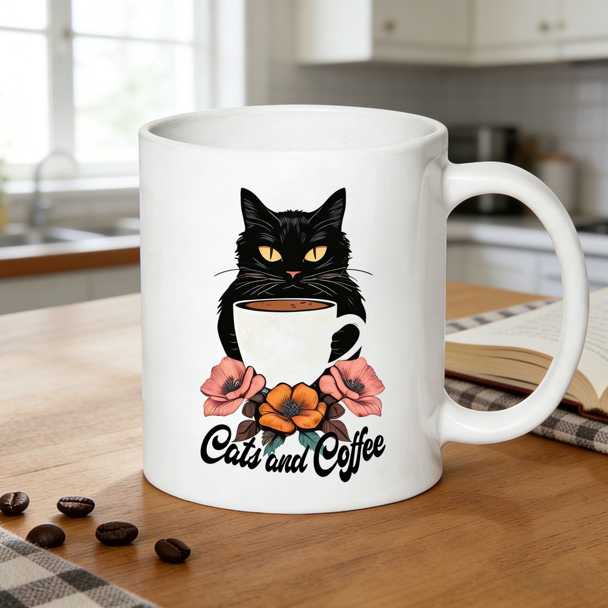Tailorly White Ceramic 11 oz Mug - black cat with coffee cup