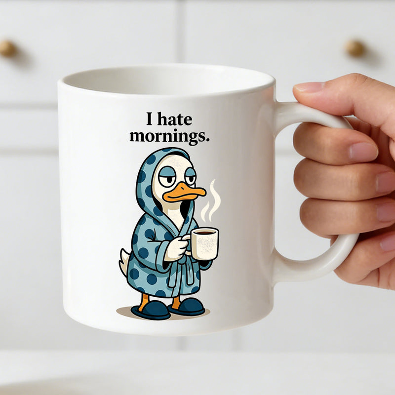 Tailorly White Ceramic 11 oz Mug - duck in robe illustration