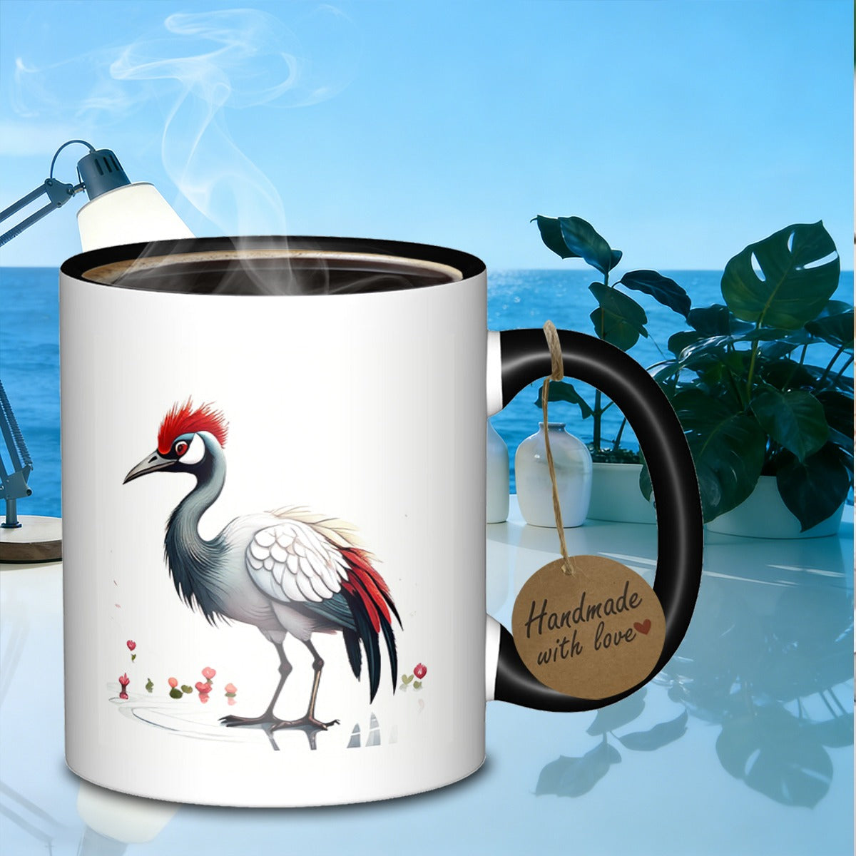 Tailorly Black Accent 11 oz Mug - crane and flowers