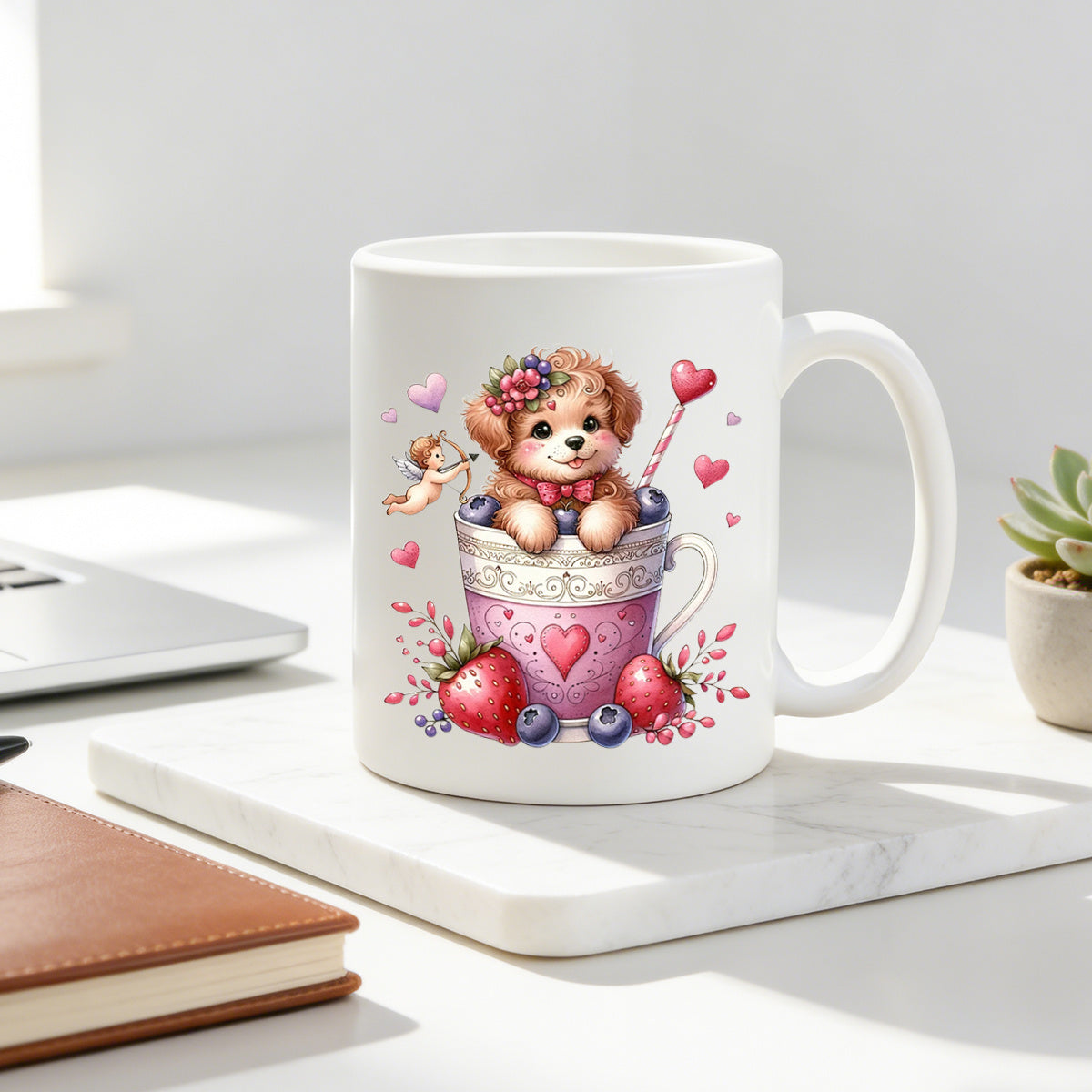Tailorly White Ceramic 11 oz Mug - puppy in a teacup with cupid and berries