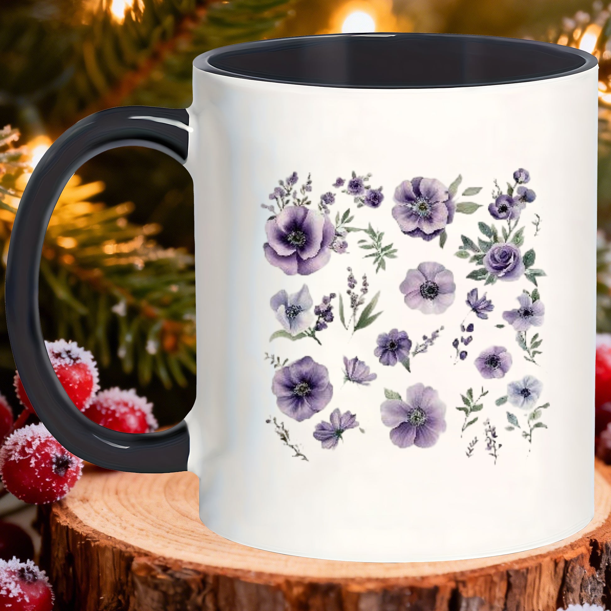 Tailorly Black Accent 11 oz Mug - purple floral