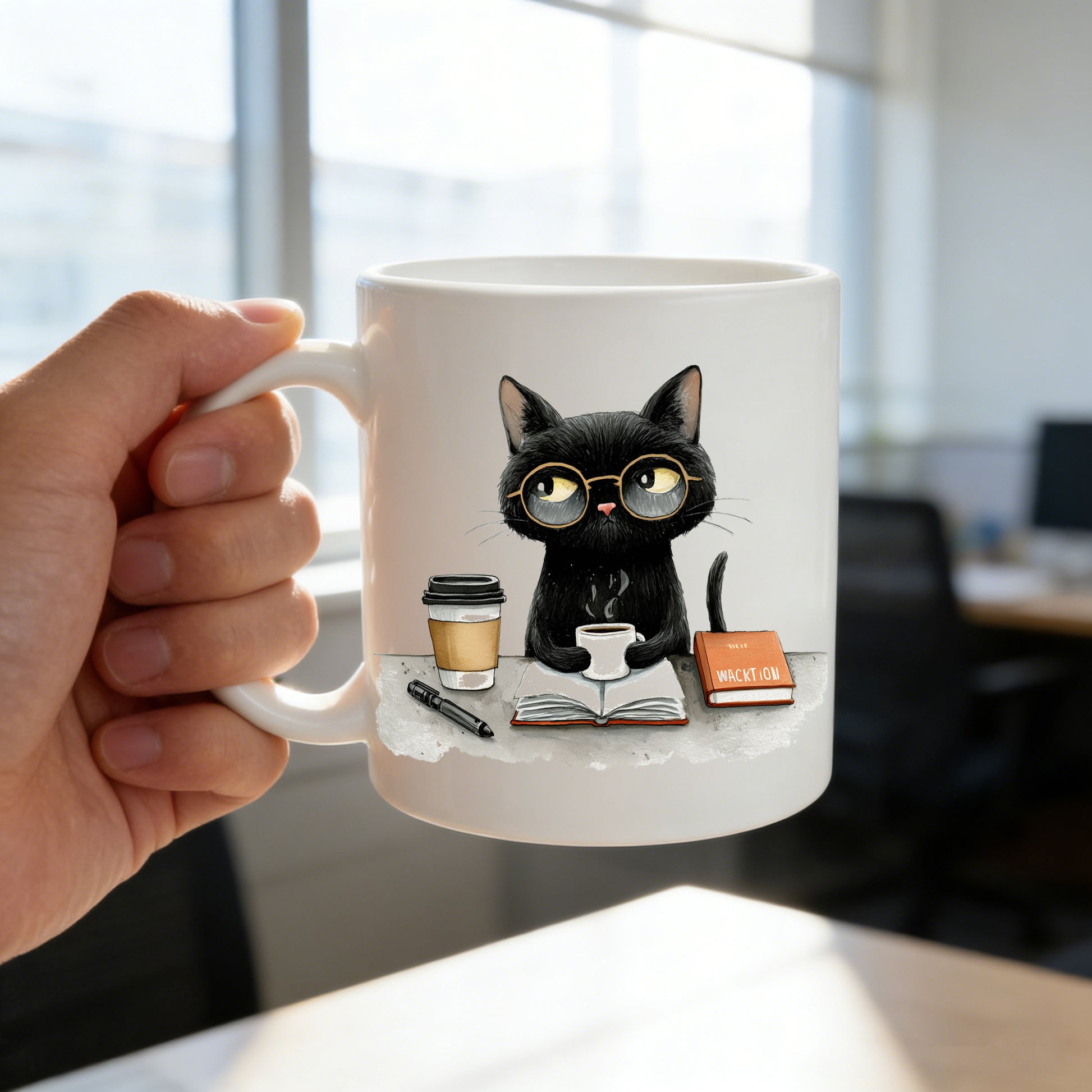 Tailorly White Ceramic 11 oz Mug - watercolor black cat wearing glasses with coffee and book