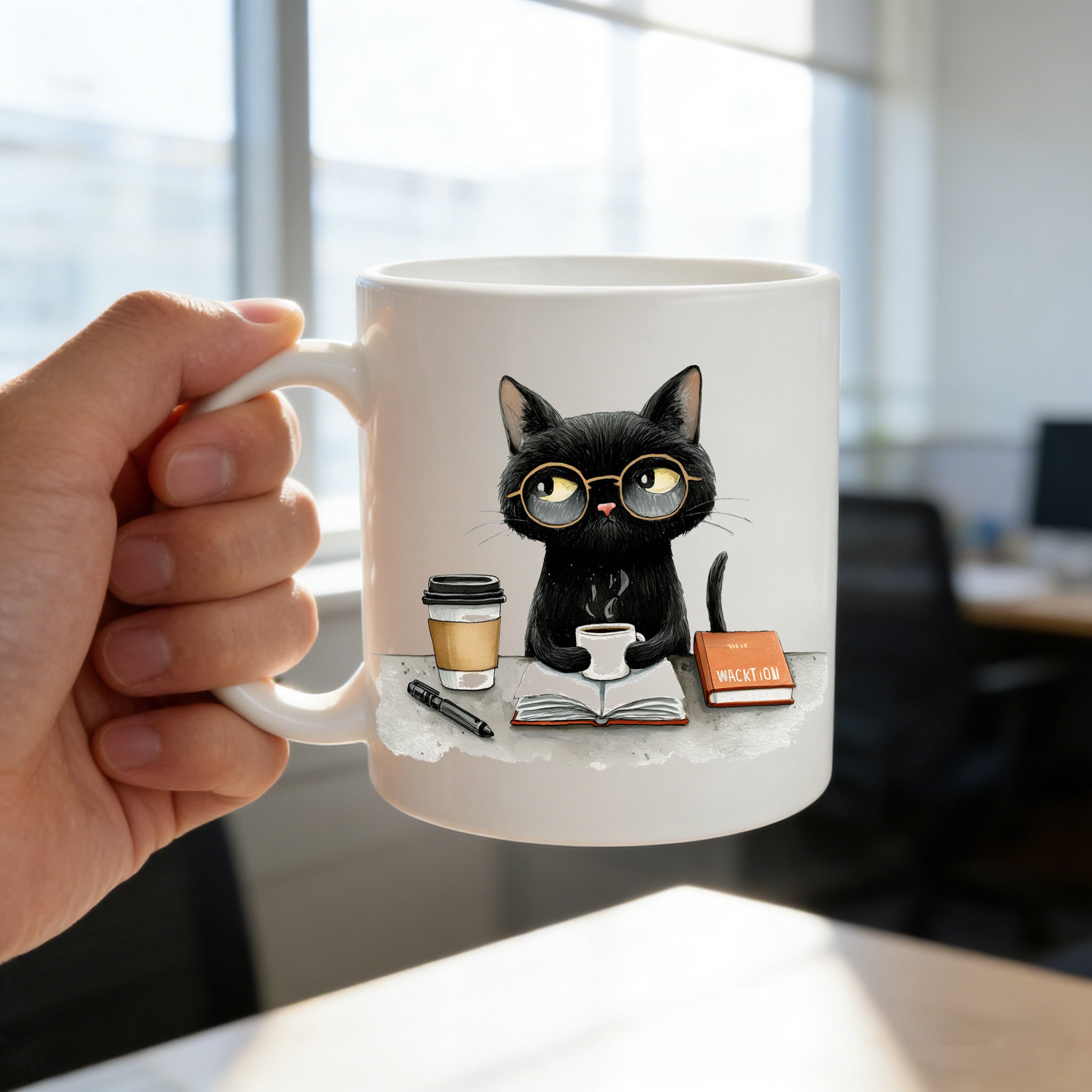 Tailorly White Ceramic 11 oz Mug - watercolor black cat wearing glasses with coffee and book