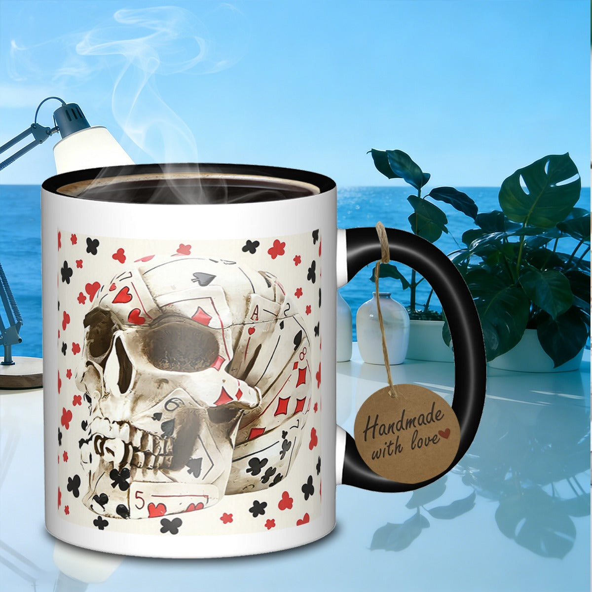 Tailorly Black Accent 11 oz Mug - playing card skull suits background
