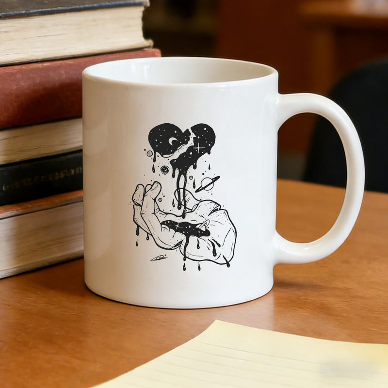 Tailorly White Ceramic 11 oz Mug - celestial heart into hands