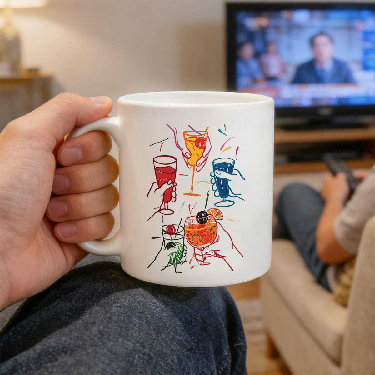 Tailorly White Ceramic 11 oz Mug - cheers， hand drawn drink， celebration graphic