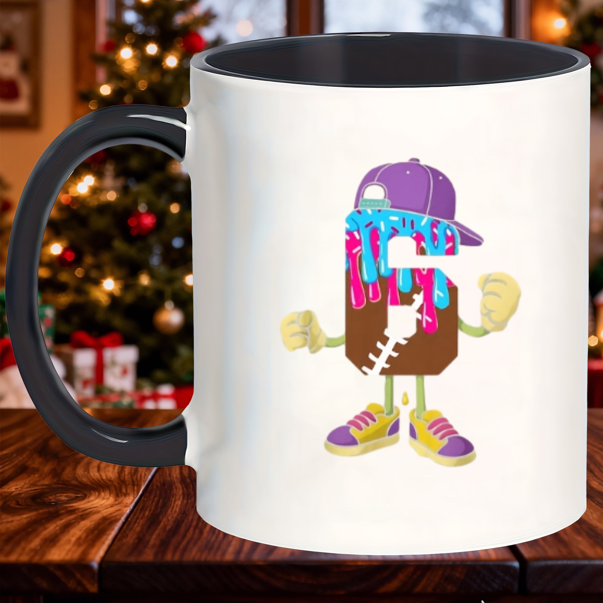 Tailorly Black Accent 11 oz Mug - cute football ice cream drip design with number 6