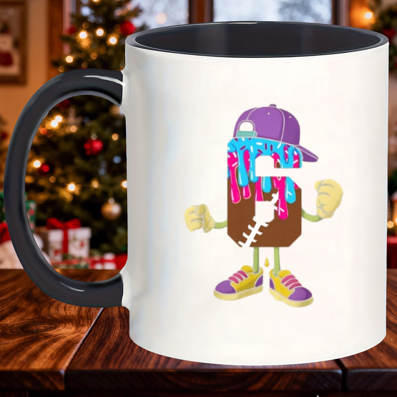 Tailorly Black Accent 11 oz Mug - cute football ice cream drip design with number 6