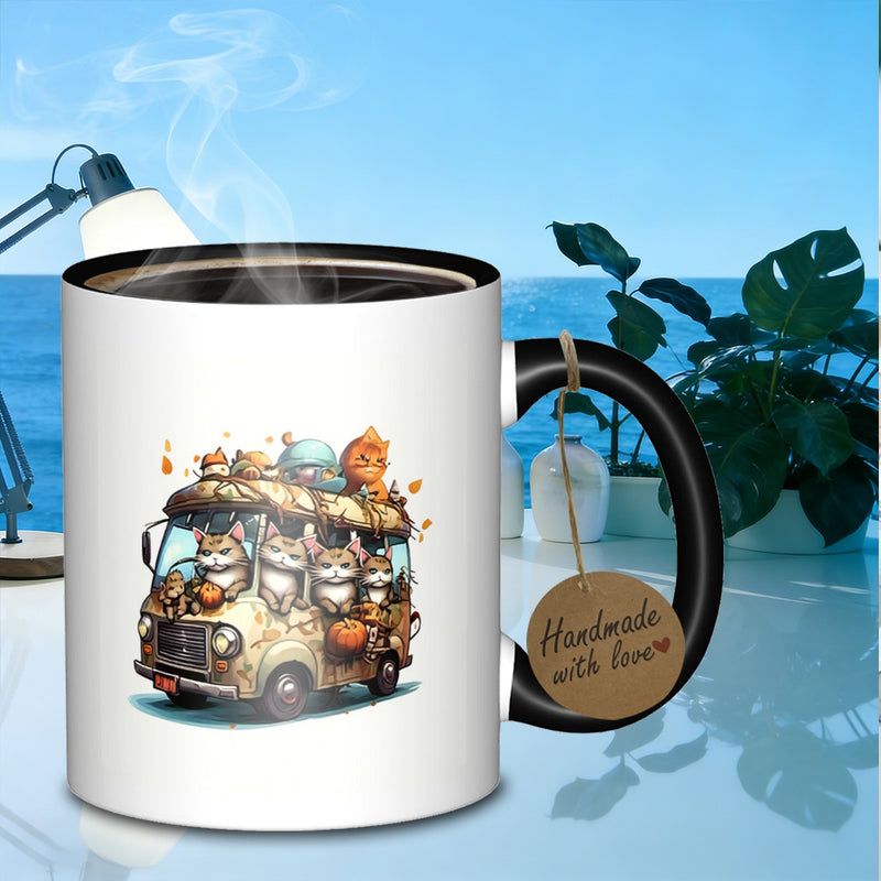 Tailorly Black Accent 11 oz Mug - cat on a road trip