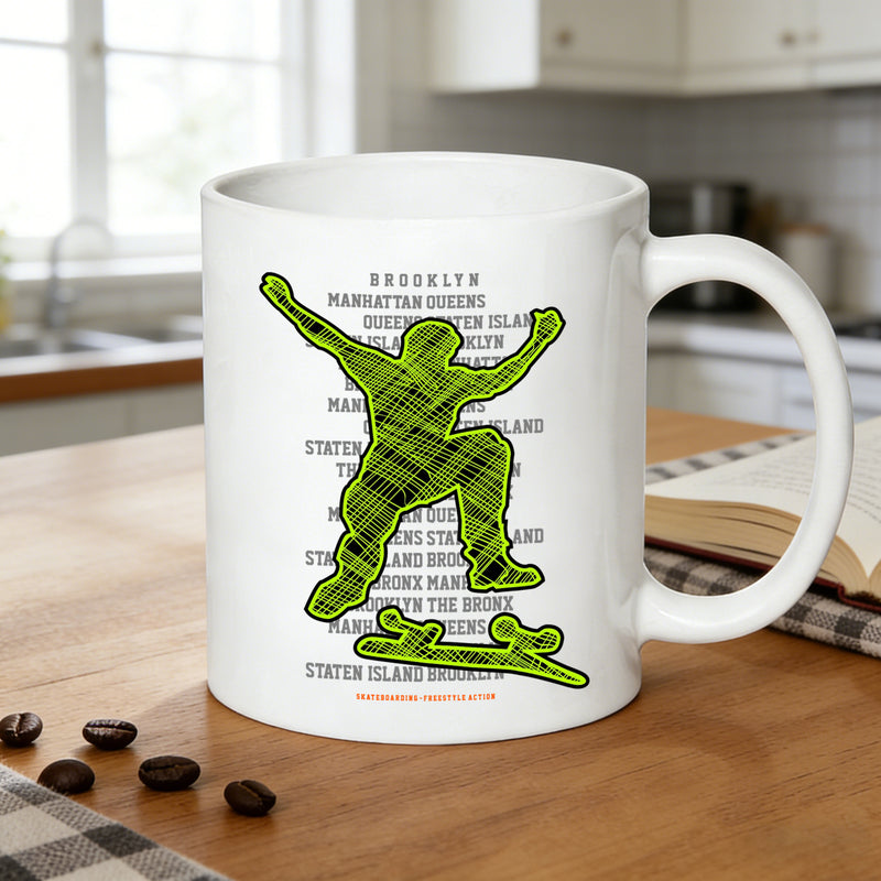 Tailorly White Ceramic 11 oz Mug - brooklyn skateboarding neon green freestyle graphic