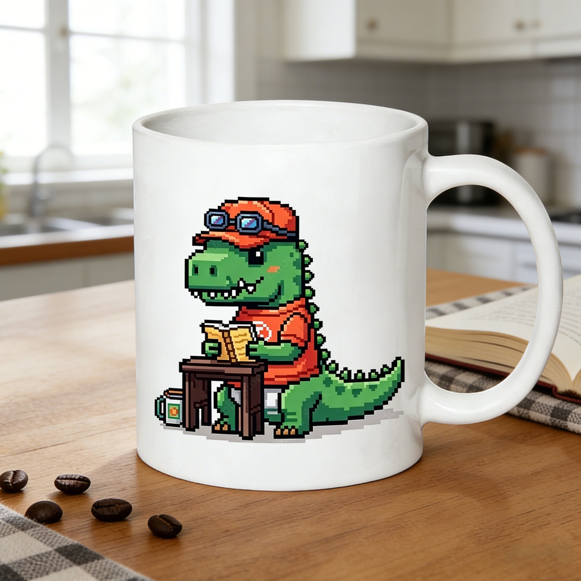 Tailorly White Ceramic 11 oz Mug - pixel art t rex reading a nostalgic 8 bit dinosaur design