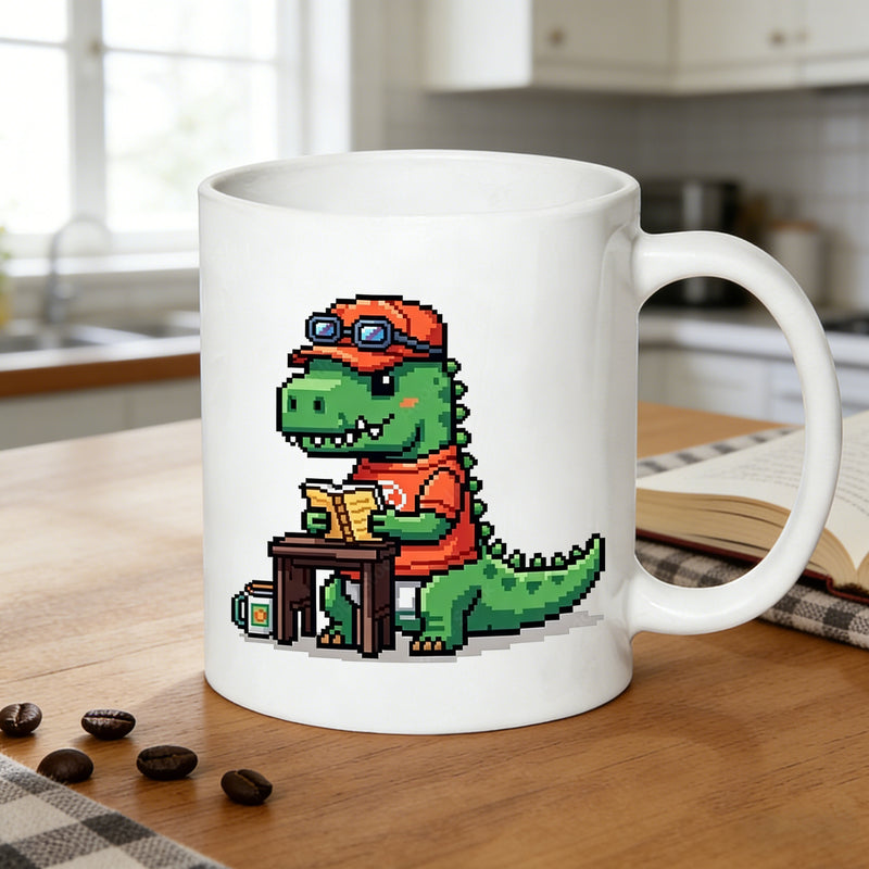 Tailorly White Ceramic 11 oz Mug - pixel art t rex reading a nostalgic 8 bit dinosaur design