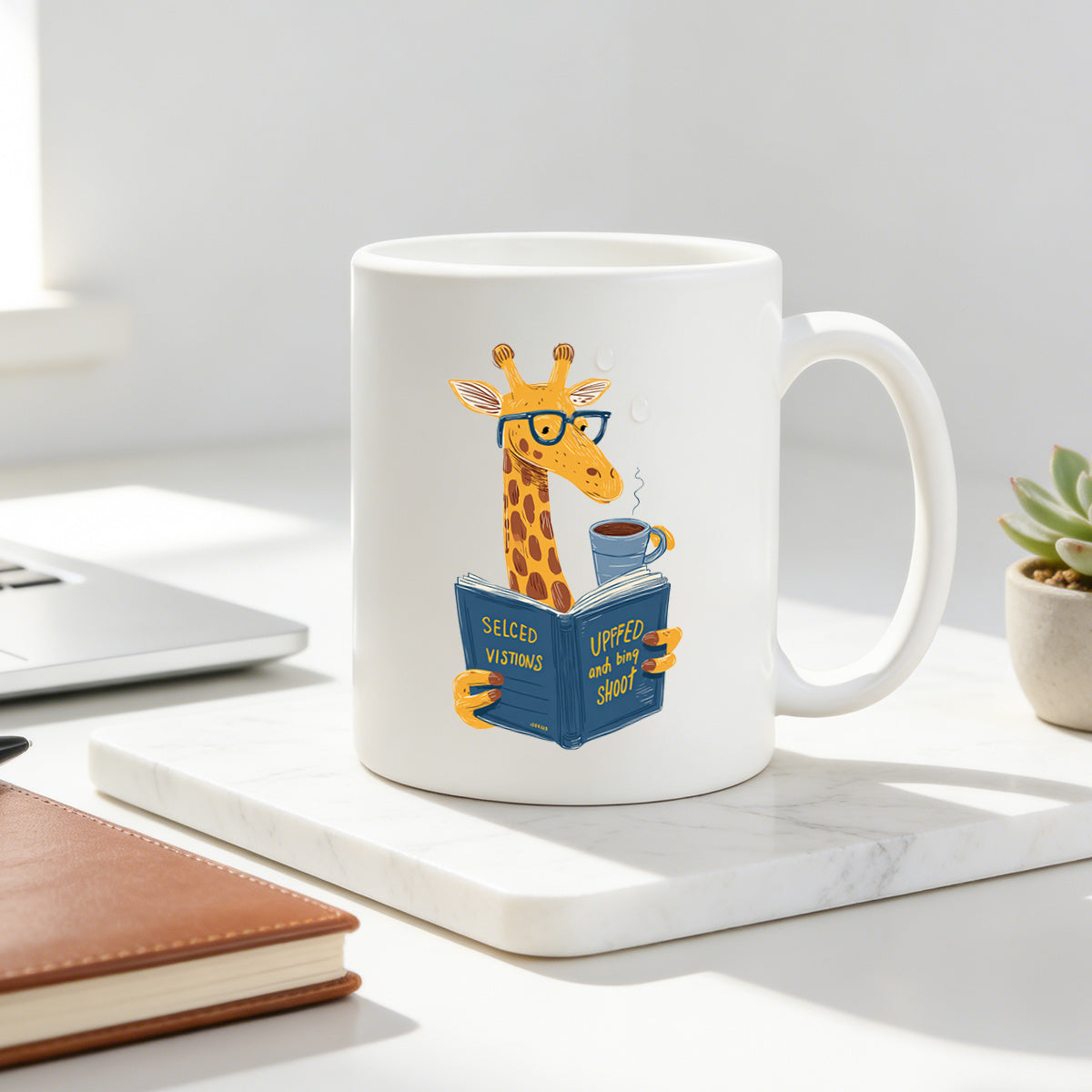 Tailorly White Ceramic 11 oz Mug - minimalist giraffe with glasses holding book