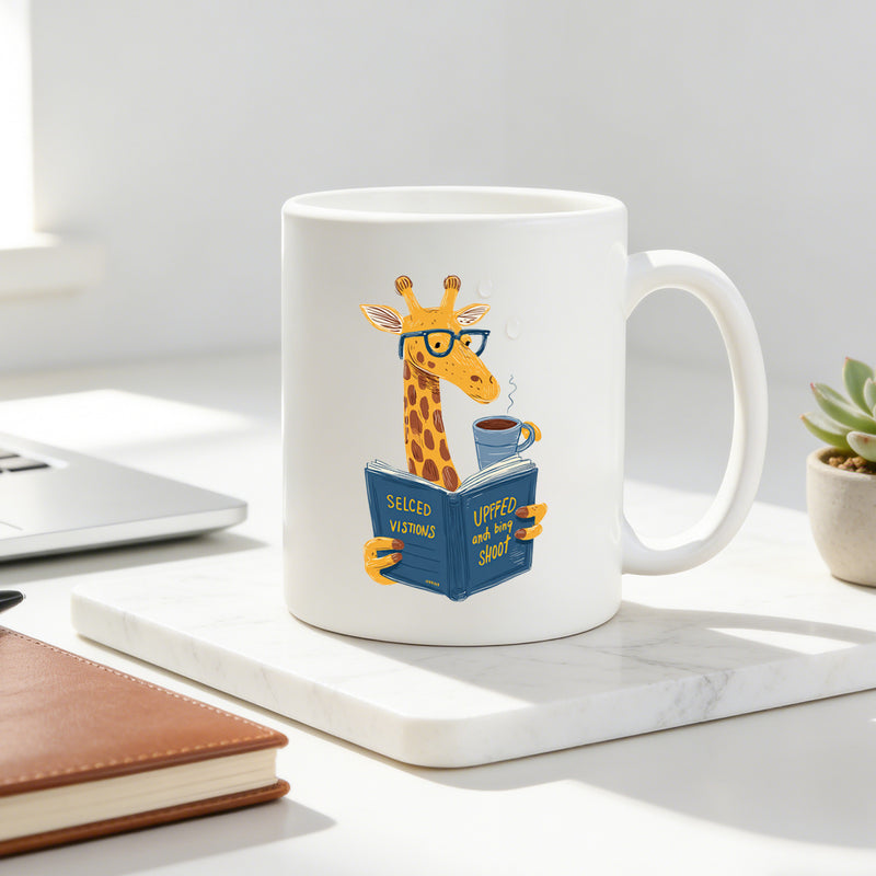 Tailorly White Ceramic 11 oz Mug - minimalist giraffe with glasses holding book