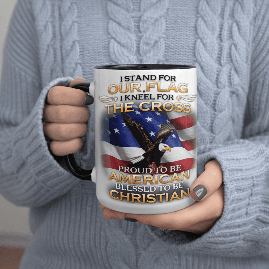 Tailorly Black Accent 11 oz Mug - I Stand for Our Flag I Kneel for The Cross Proud to Be American Blessed to Be Christian 11oz Printed Ceramic Mug