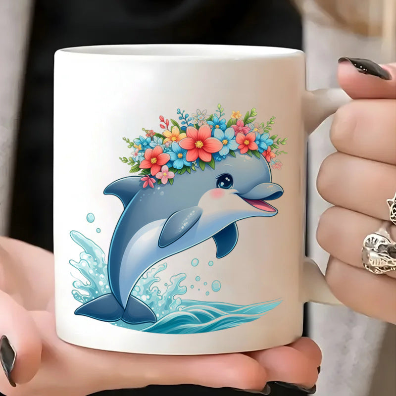 Tailorly White Ceramic 11 oz Mug - cute cartoon smiling dolphin