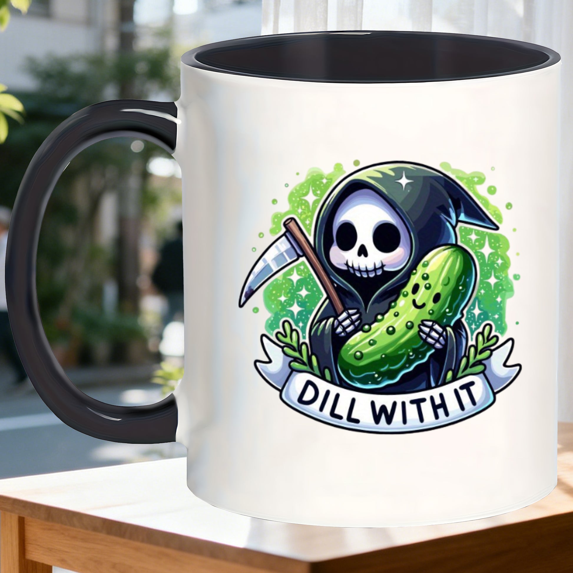 Tailorly Black Accent 11 oz Mug - funny pickles death themed novelty mug humorous gift cup with lid suitable for husband boyfriend quirky conversation